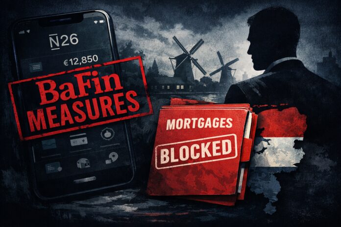 Dark-toned illustration of a mobile bank interface stamped “BaFin measures,” with a blocked mortgage file over a Netherlands map outline and a compliance monitor silhouette.