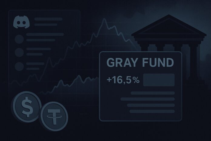 Dark-toned illustration of a Discord chat overlaying a fluctuating performance chart and a courthouse silhouette, with stablecoin icons and a “Gray Fund” dashboard suggesting alleged investment fraud and unregistered offering risk.