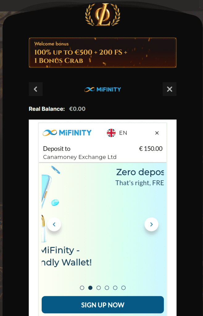 Schermata dei metodi di pagamento Legiano con MiFinity