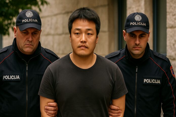 Police escort Terraform Labs founder Do Kwon in Montenegro, symbolizing extradition and the TerraUSD/LUNA fraud case.