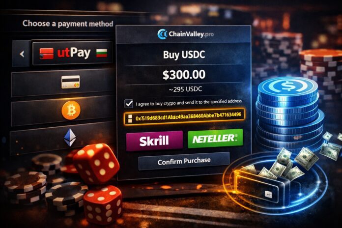 utPay” payment option leading into a Chainvalley USDC purchase screen with a pre-ticked consent box, Skrill/Neteller logos, and a highlighted Ethereum wallet address—symbolizing fake-fiat casino deposits and chargeback evasion