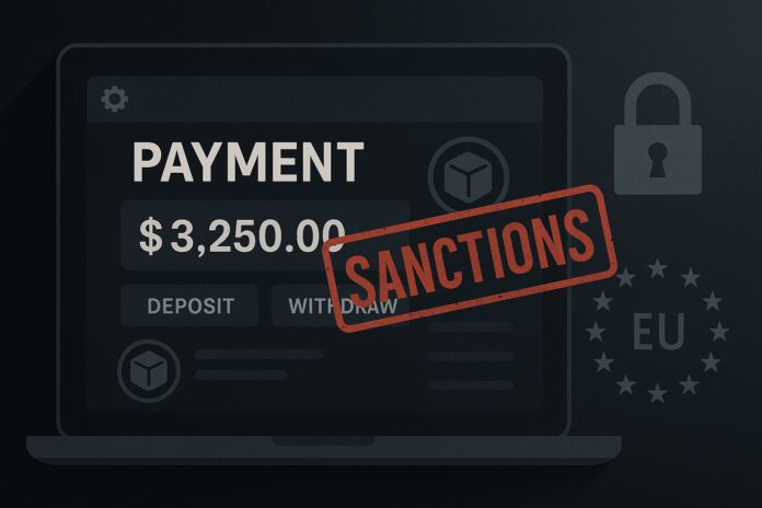 Dark-toned illustration of a payment dashboard locked by a sanctions stamp, with frozen balance icons and EU compliance symbols, suggesting payment processor shutdown and blocked withdrawals.