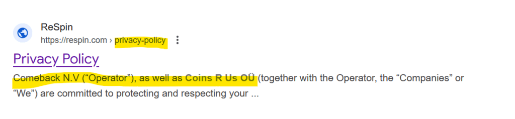 The Estonian Coins R Us is shown as payment agent for Comeback and its offshore casino ReSpin.com