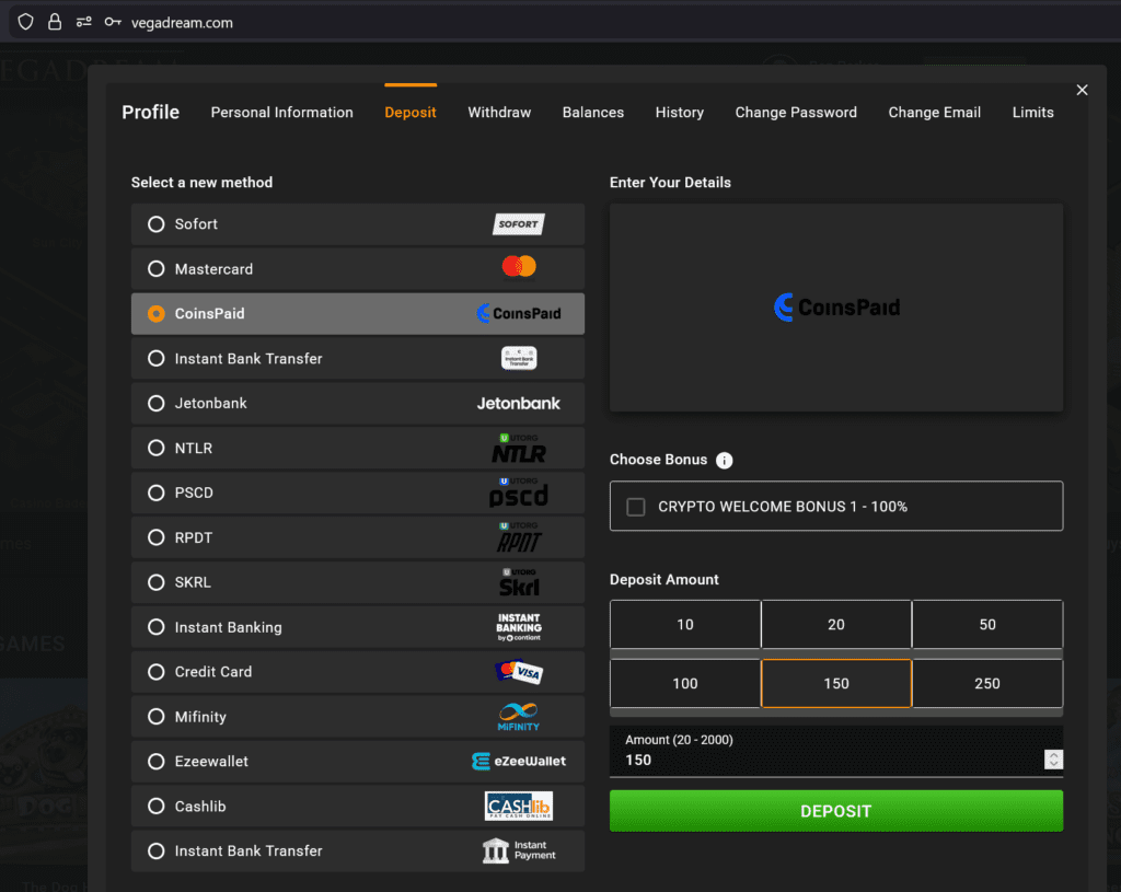 Coinbase als Zahlungsoption bei Vegadream