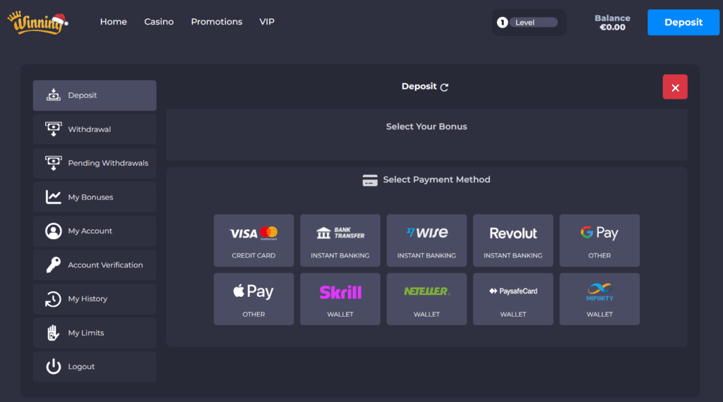 The payment page of the offshore casino Winning.io with Revolut