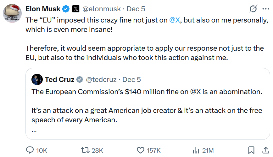 Elon Mus post on X on the EU fines