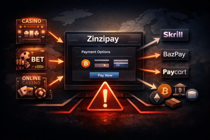 Dark-toned illustration of the “checkout” gateway dashboard labeled Zinzipay, fed by casino website icons from Europe and branching into multiple payout rails (e-money and crypto), with a warning triangle symbolizing compliance chokepoints.