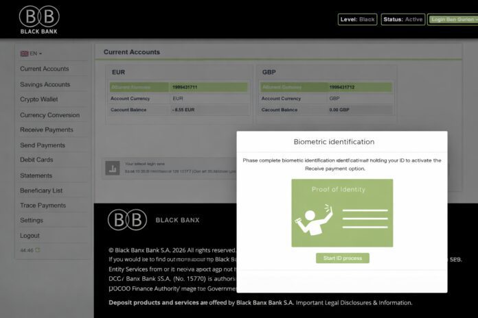 Black Banx dashboard showing EUR/GBP ‘current accounts,’ biometric ID prompt, and footer claiming ‘Black Banx Bank S.A.’ offers deposit products—highlighting entity opacity and licensing questions.