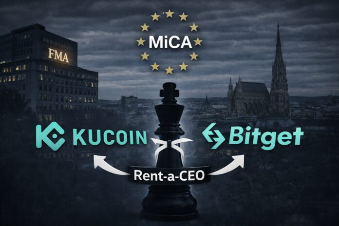 Dark-toned Vienna skyline with FMA building and MiCA logo, overlaid with two exchange logos (KuCoin and Bitget) connected by a chess-piece lawyer silhouette labelled ‘Rent-a-CEO’