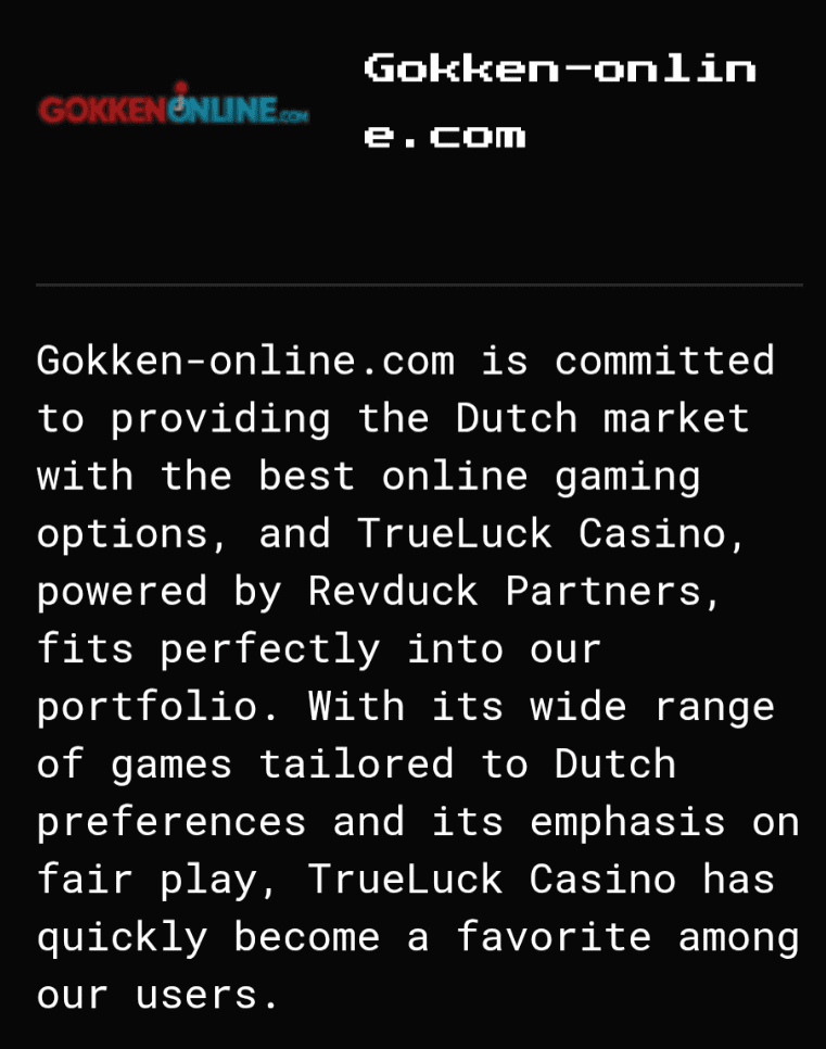 Gokken Online recommands TrueLuck to Dutch players