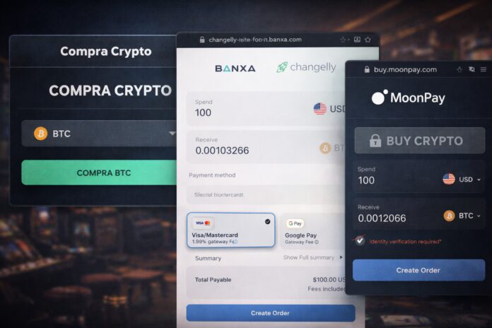 Dark-toned casino cashier overlay labeled ‘Compra Crypto’ with BTC selected, leading into a Changelly-branded Banxa widget and a MoonPay checkout tab—illustrating indirect FIAT deposit rails into the crypto casino MegaDice