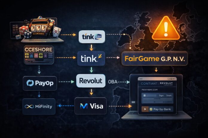Dark-toned rail map showing PayOp→Tink→Revolut OBA and Contiant/MiFinity gateway paths funding FairGame-linked offshore casino deposits.
