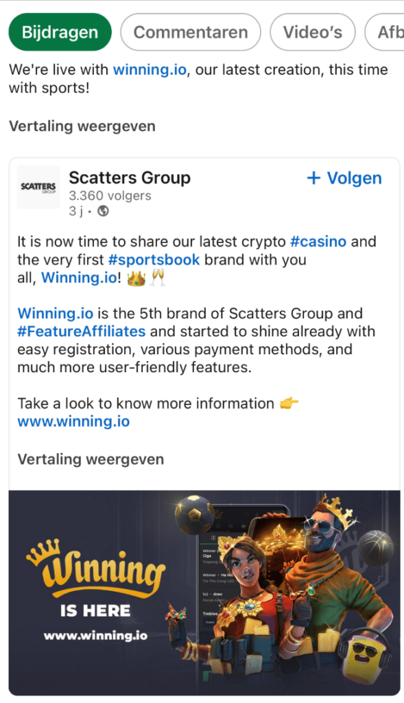 Scatters Group LinkedIn post on the launch of the Winning.io casino