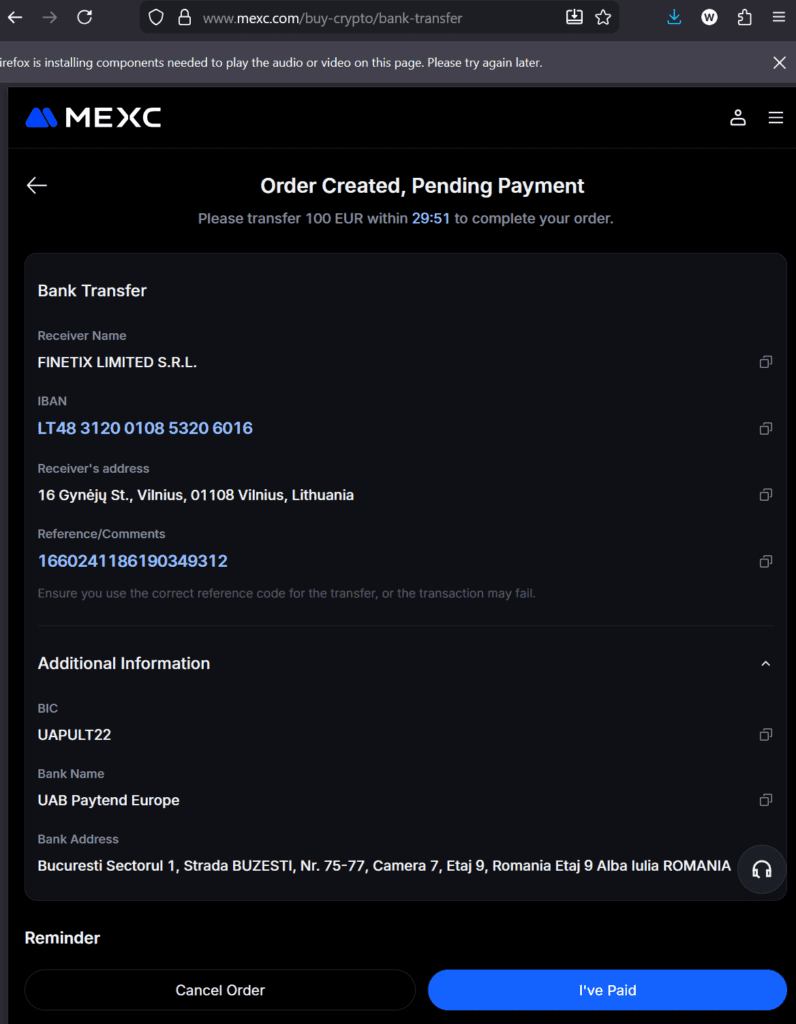 MEXC and Finetix Limites SRL with payment facilitator Paytend Europe in Bucarest