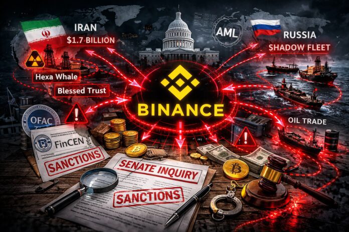 Dark forensic compliance graphic showing Binance at center, with red-highlighted transaction flows toward Iran-linked entities and Russia shadow-fleet nodes, overlaid with Senate inquiry document icons and AML/sanctions warning markers.