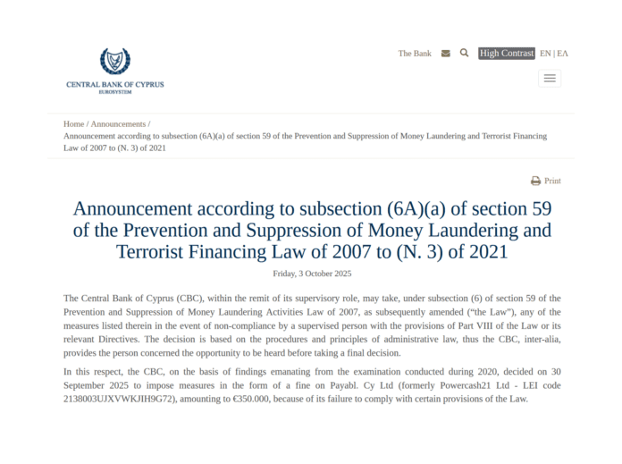 CBC announces AML fine against Payabl