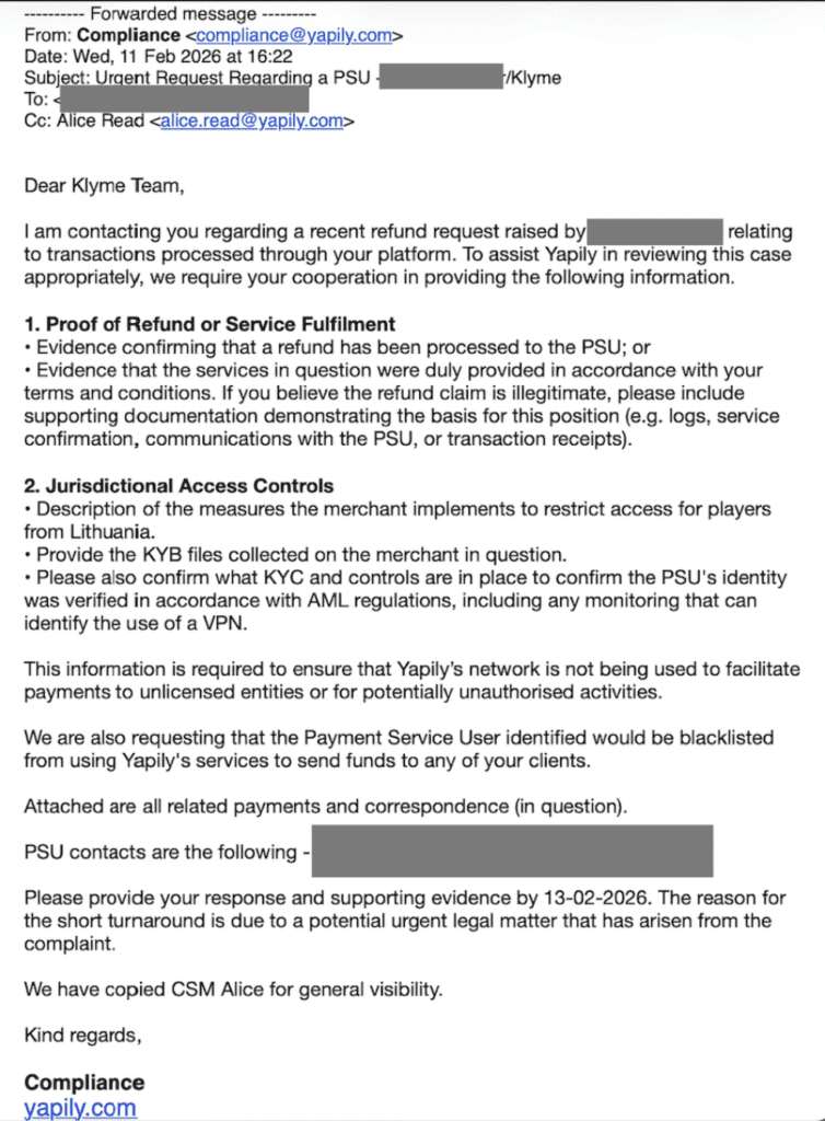 The leaked Yapily email to Klyme