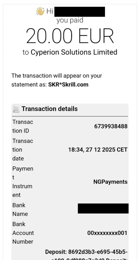 Casino player exposes Cyperion Solutions with Skrill als payment facilitators for illegal online casinos