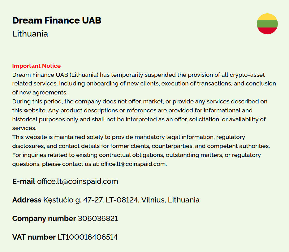 Dream Finance announcement of the suspension in Lithuania