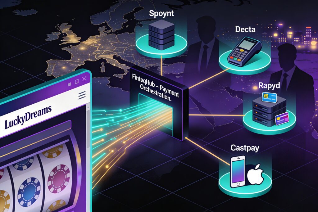 FinTelegram graphics showing the SoftSwiss Finteqhub and its payment rails