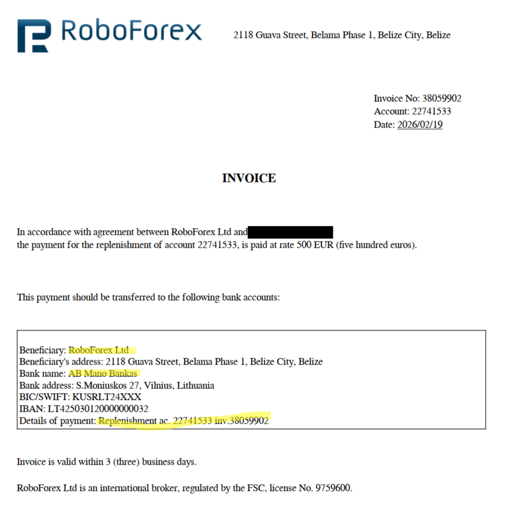 RoboForex invoice for offshore broker account replenishment via Mano Bankas