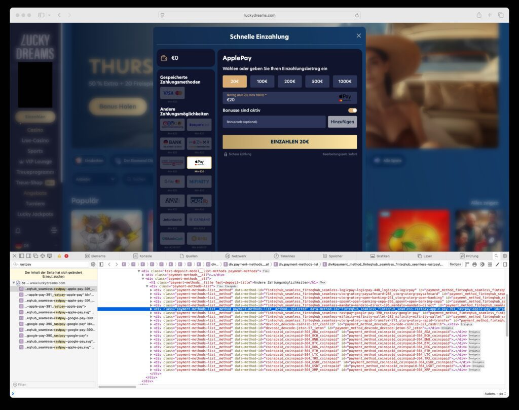 Source code of the Lucky Dreams payment page showing FinteqHub and utrg and utPay