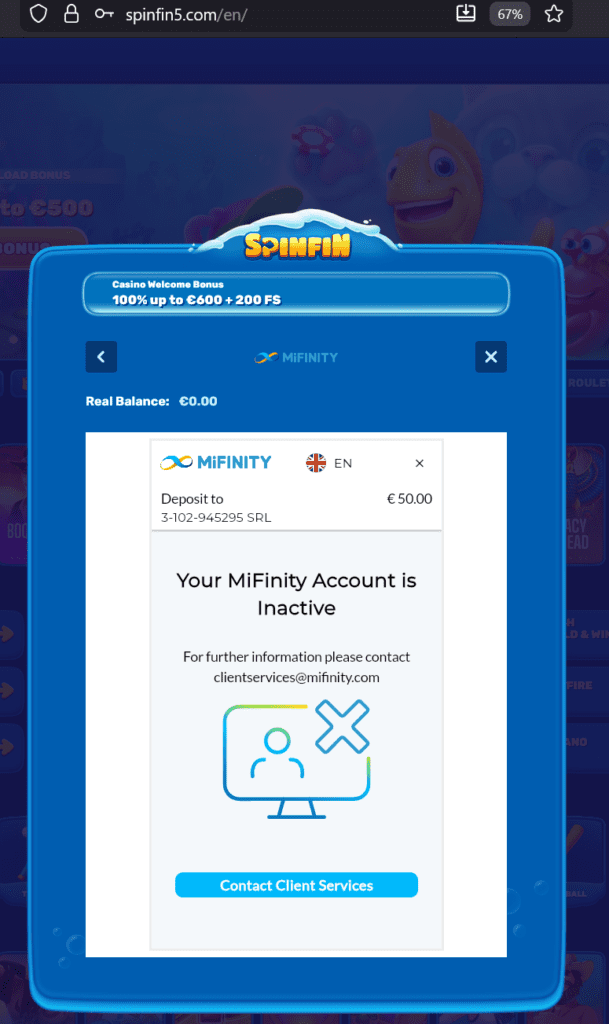 SpinFin Casino facilitated by MiFinity with 3-102-945295 SRL