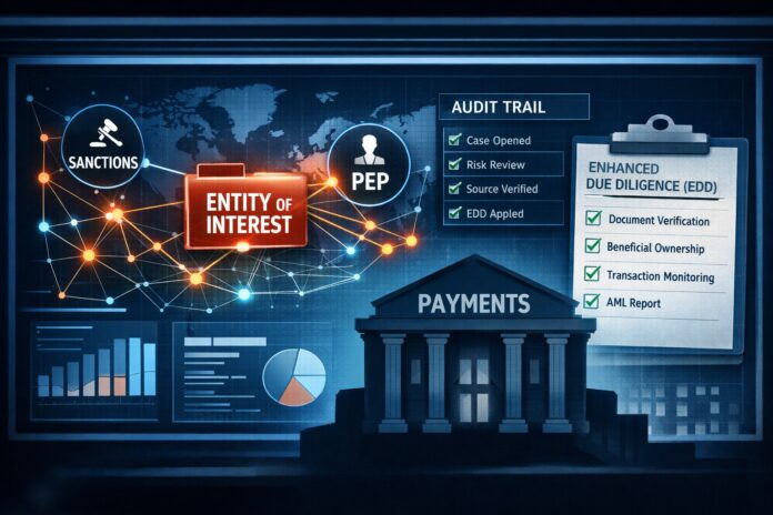 Entity of Interest’ flag connected to sanctions/PEP nodes, with an audit trail panel and EDD checklist over a payment-institution silhouette.