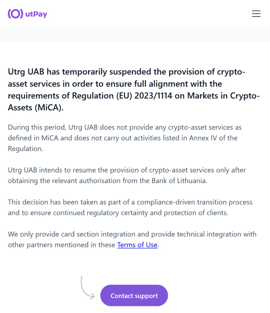 utPay notice over shutdown