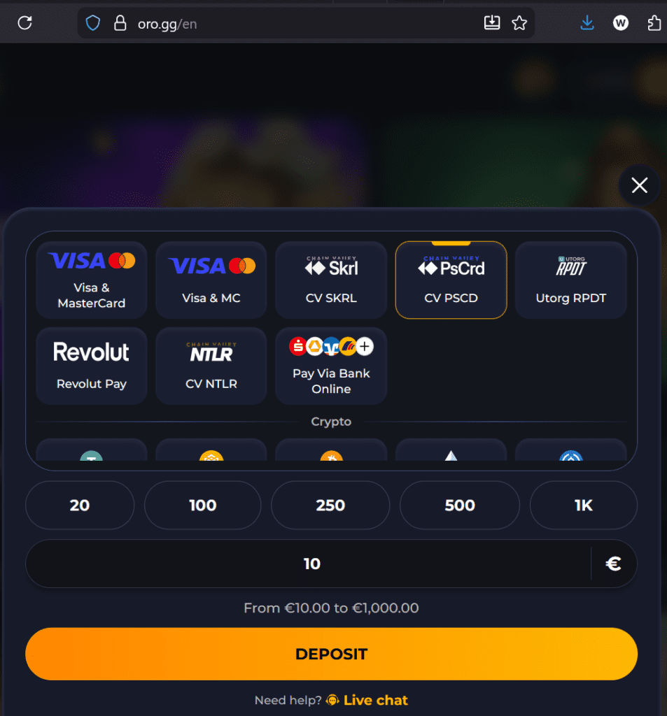 Offshore casino Oro.gg and its payment rails
