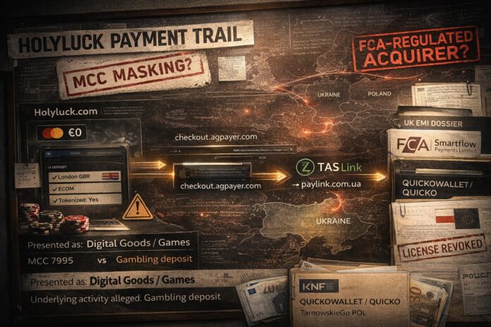 FinTelegram infographic charting the payment rails of the offshore casino Holyluck around the Ukrainian TAS Link
