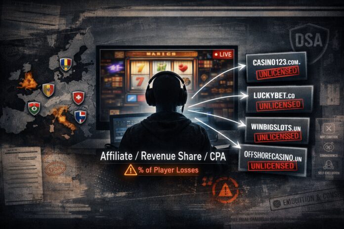 FinTelegram presents a faceless streamer at an illuminated gaming desk promotes unlicensed casino content to a vulnerable online audience — illustrating the hidden affiliate economy behind Europe's illegal gambling boom.