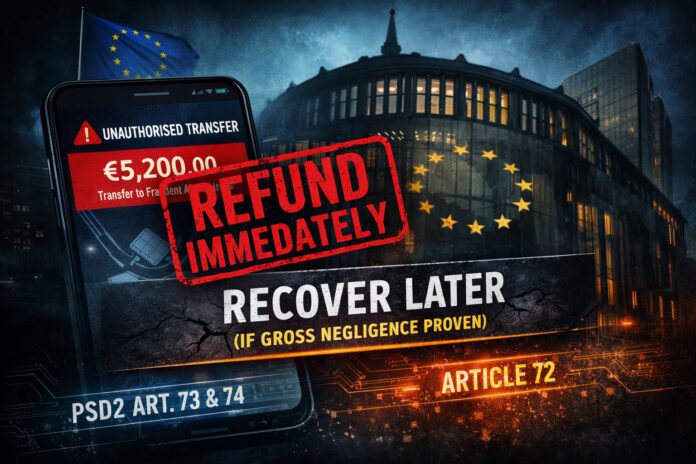 Dark forensic compliance graphic: EU court building silhouette with a “REFUND IMMEDIATELY” stamp over a bank app showing an unauthorised transfer, plus a second layer readin