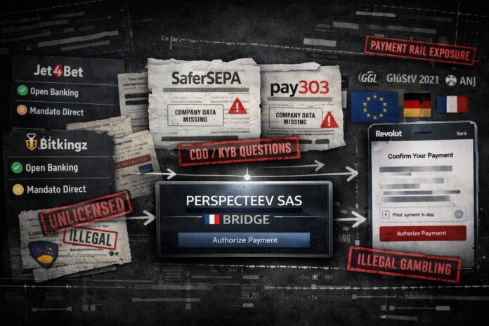 FinTelegram infografic showing the connections between French PISP Perspecteev/Bridge and illegal casinos