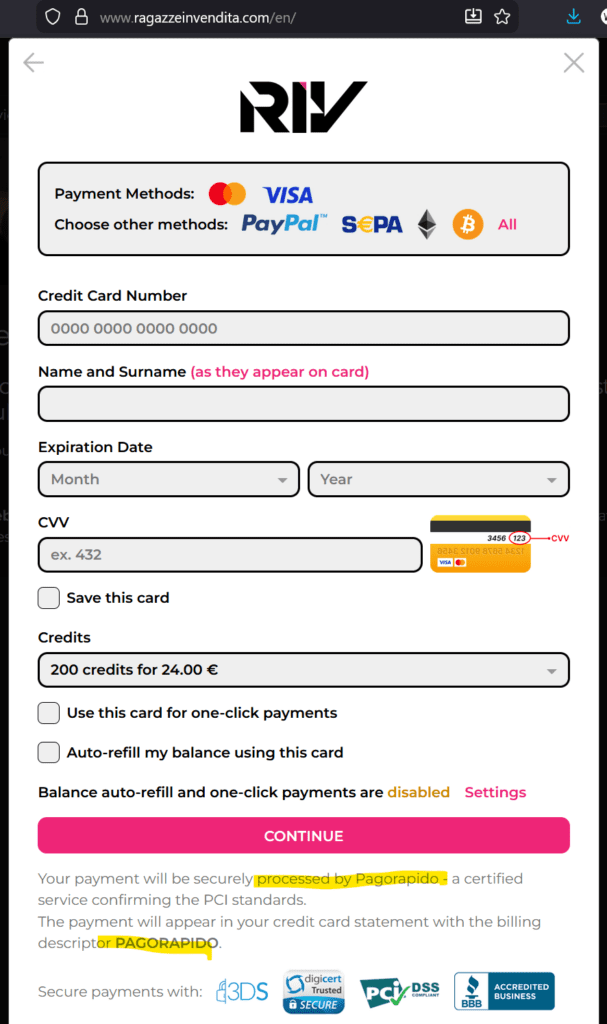 RagazzeInVendita payment page with Pagorapido in the credit card payment rail