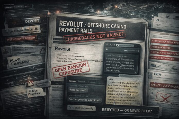 Player evidence reviewed by FinTelegram raises new compliance questions over Revolut’s role in offshore casino payment rails, open-banking facilitators, and disputed chargeback handling.