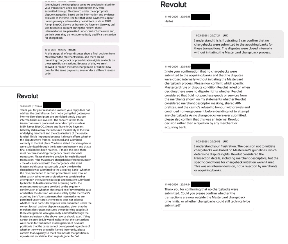 Screenshots of a player's communication with the Revolut support