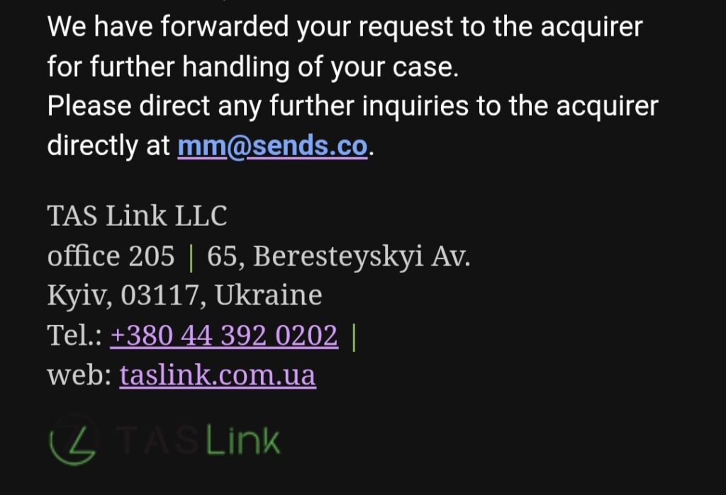 TAS Link information on the acquirer sends.co