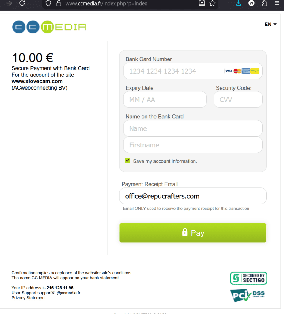 XLoveMedia payment page with CCMedia and Ac Webconnecting