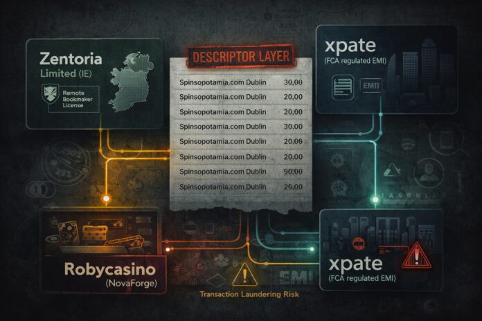 FinTelegram picture showing the alleged connection between illegal Novaforge casinos and Zentorio and xpate