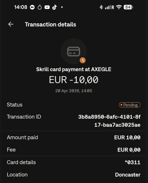 Deposit to the illegal Spinsy casino via debit card and AXEGLE payee