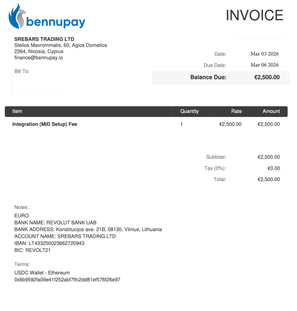 Bennupay invoice for merchant onboarding (MID setup) services
