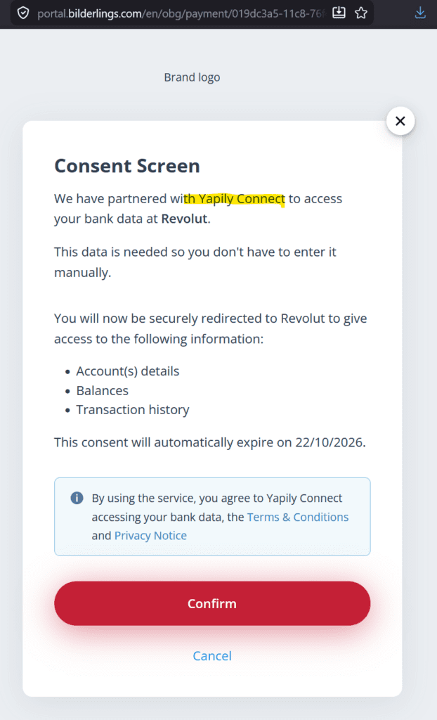 Screenshot showing Yapily and Bilderings with Revolut in the open banking rail of the offshore casino GoldenBet