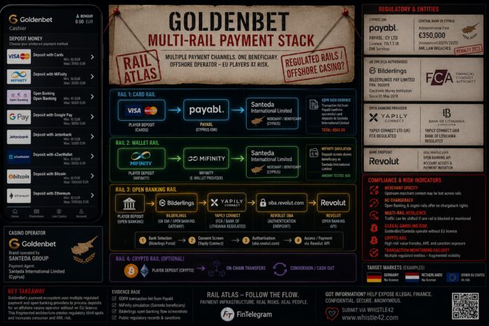 FinTelegram chart showing the payment rails of the illegally acting offshore casino GoldenBet