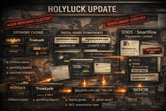 FinTelegram explains the payment rails of the the illegal offshore casino Holyluck around the FCA-licensed SEND