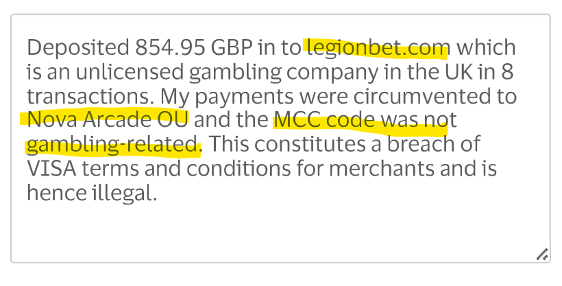 A player complains to VISA about Legionbet and NovaArcade over MCC miscoding