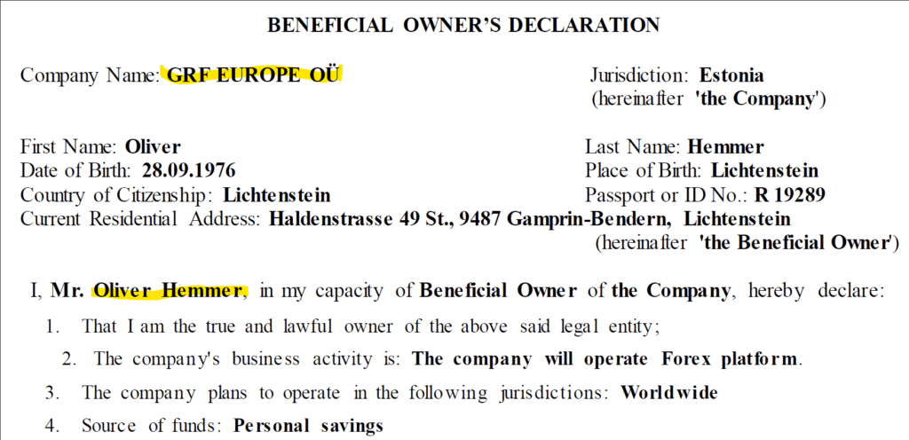 Oliver Hemmer is the UBO of the now-deleted 4XFX operator GRF Europe OÜ