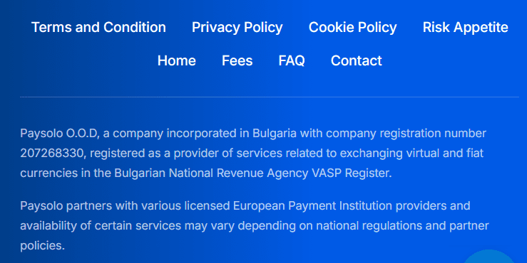 Bulgarian Paysolo is operated by a Bulgarian company registered as a VASP