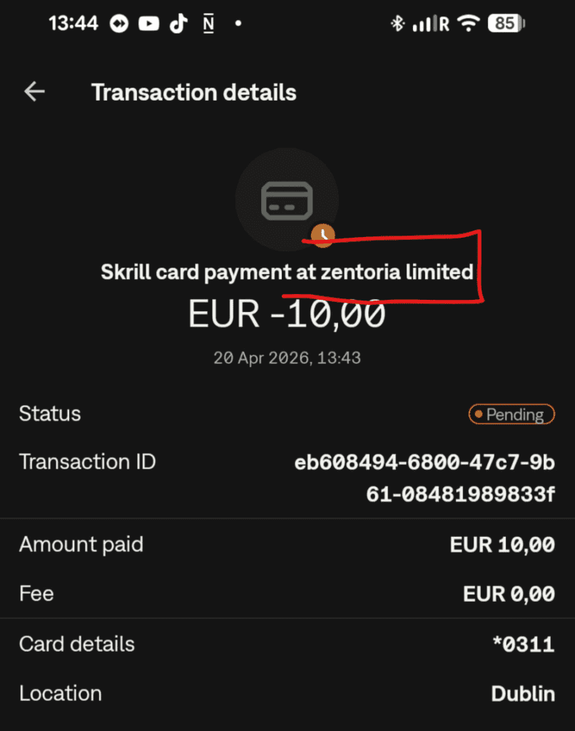 Skrill deposit at Spinsy with zentoria limited as payee