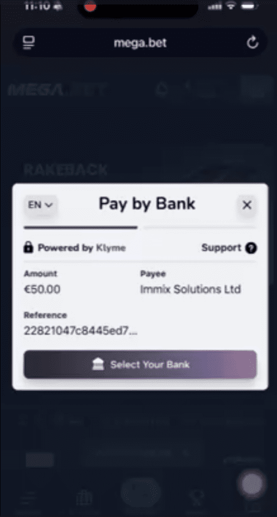 Screenshot of the payment page of Mega.bet showing Klyme and Immix Solutions as payment facilitators